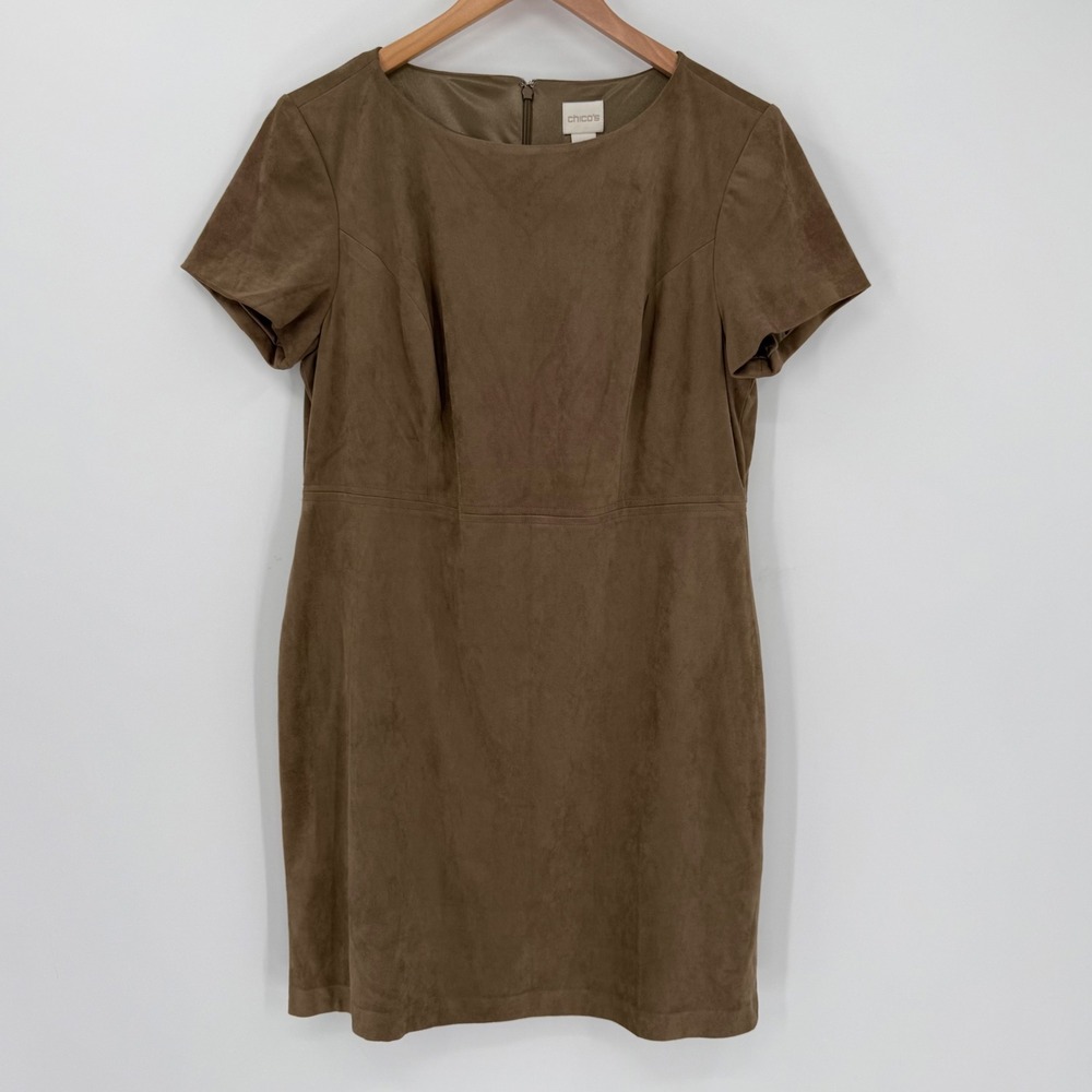 NWT Chico's Faux Suede‎ Short Sleeve Shift Dress Taupe Brown Petite 1 / Medium
